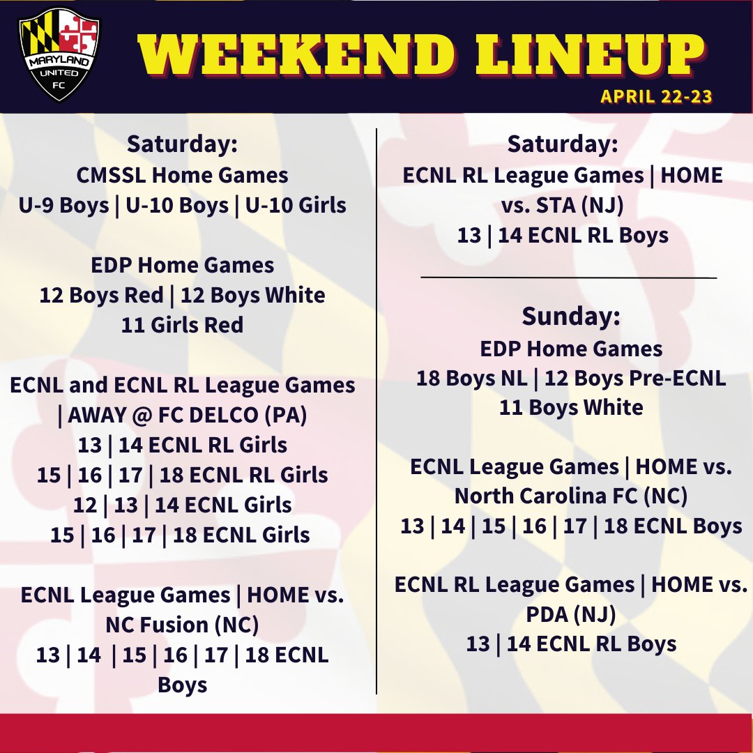 Maryland_United's tweet photo. It's another busy weekend for Maryland United!!! Good Luck to our girls and boys teams this weekend!
https://t.co/D2vPAAZKwO
#WeAreMDUFC https://t.co/OWFZ6SpvAN