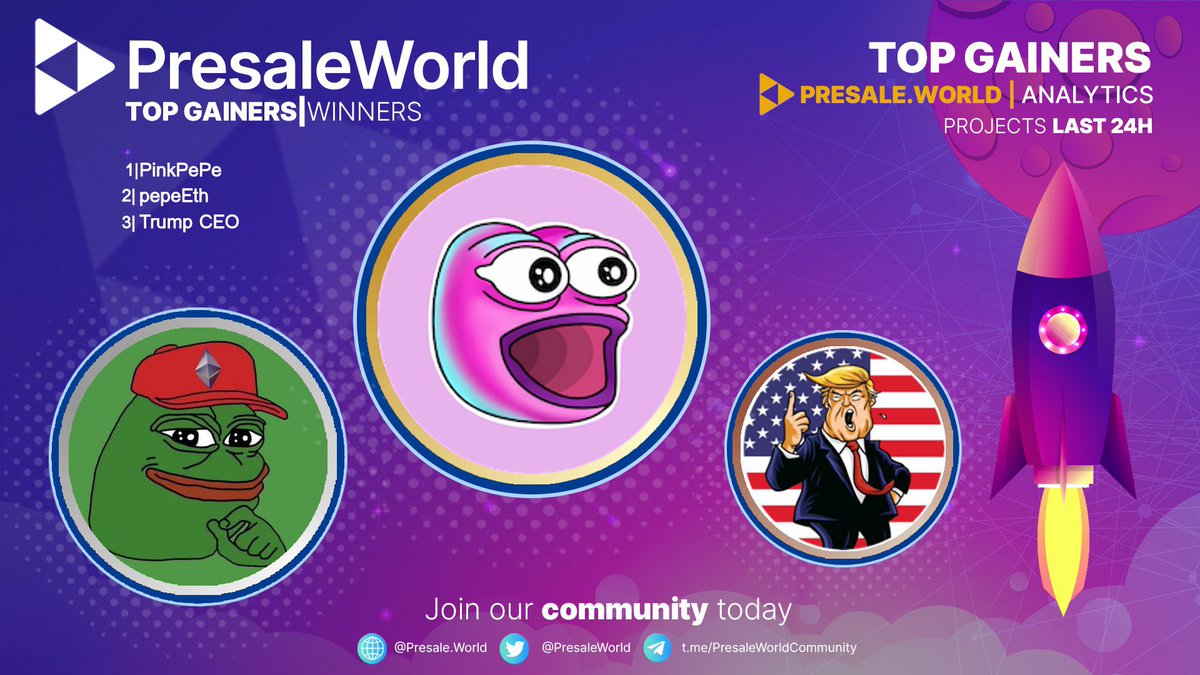 PresaleWorld's tweet photo. Top Gainers on https://t.co/dzdi9547Ho!

1. PinkPePe • @PinkPepeBSC
2. pepeEth
3. Trump CEO • @trumpceo_
4. Sonic Inu • @SonicInuBSC
5. Crazy Frog CEO • @CrazyFrogCEO

To see a list of all the top gainers, head over to https://t.co/ZX39B7xVxR

#crypto #cryptocurrency #presaleworld $PW 🌎💙