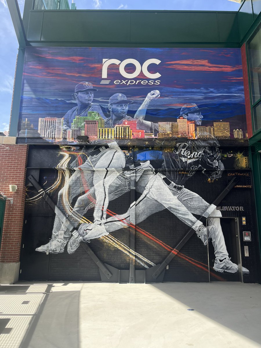 Aces's tweet photo. Brandon Pfaadt has towered over the PCL, but now he LITERALLY does 🤩
 
Thank you to @RenoOrtho for sponsoring a refresh of the 2nd St. Gate murals with a unique highlight of movement!
 
Come out to a game to check out the two murals inspired by Downtown Reno and Lake Tahoe! https://t.co/dXY9gofv1C