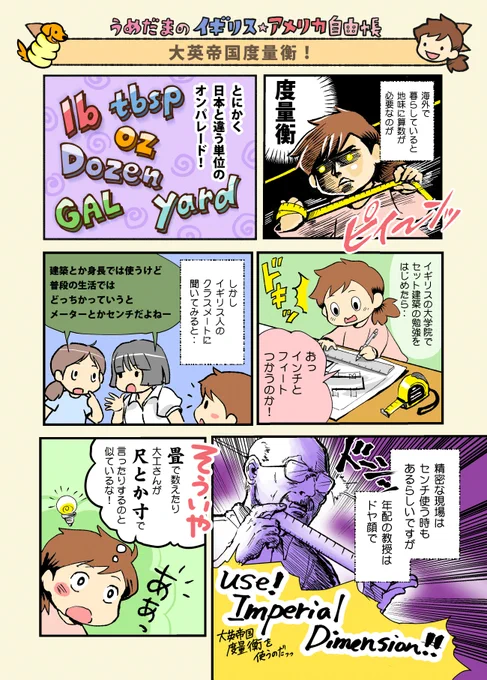 まんが #うめだまのイギリスアメリカ自由帳
【大英帝国度量衡】ひさびさの新作です。
アメリカのお隣のカナダは、リッター&メートル。
知る限りEU圏も。イギリスも便利なところはリッター&メートルだし温度は摂氏。
独自単位にこだわるアメリカって面白いです。 
