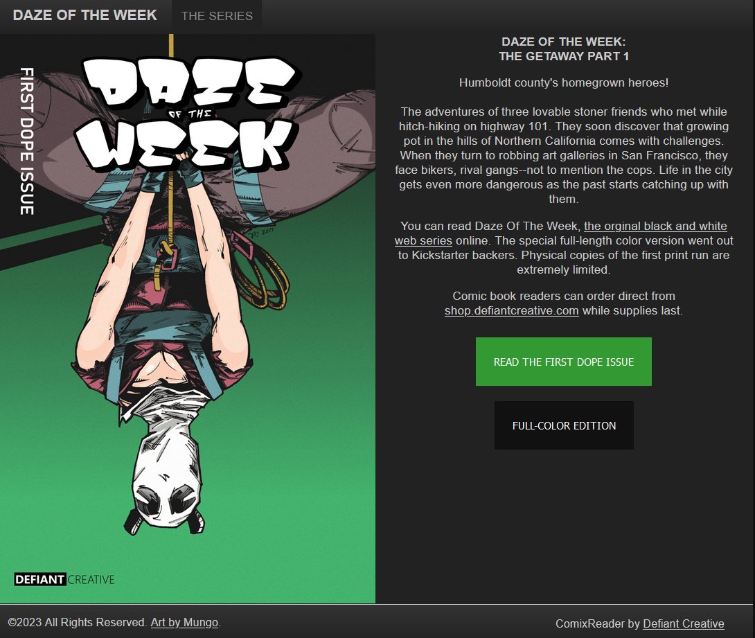 defiantcreative's tweet image. Our first ever comic book reader is out in the wild. We hope to get feedback from comic creators and publishers to make it the best experience. We also want it easy to use. #indiecomics 

Check it out at dazeoftheweek.com and join us in making better #techforcreatives.