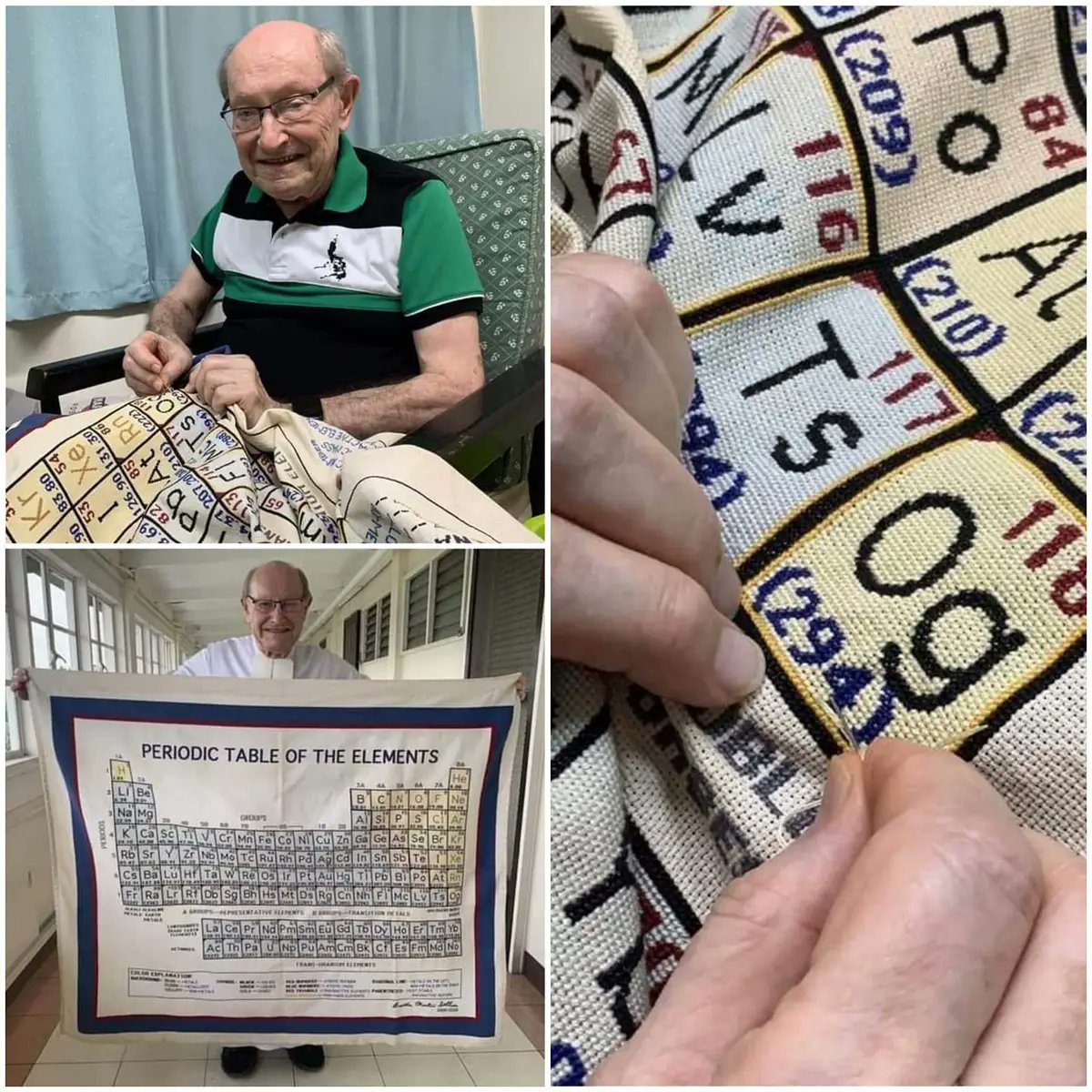 RincnCuriosoo's tweet photo. Conoce a Martín Sellner un profesor de química retirado, quien compartió su triunfo de completar una tabla periódica bordada en punto de cruz, dicho logró le tomaría DOS DÉCADAS de costura. https://t.co/Lu1PpbKFy2