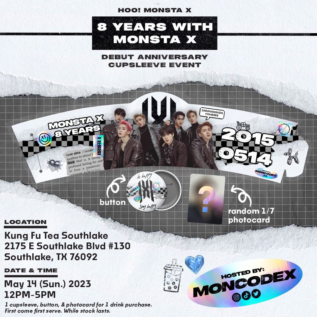 moncodex's tweet photo. Hop into the Monsta Truck to celebrate @OfficialMonstaX and @official__wonho 8th year anniversary with us! 🚗💨

🗓️ May 14 (Sun.) 2023
12PM-5PM

🧋Kung Fu Tea Southlake
2175 E Southlake Blvd #130
Southlake, TX 76092

We hope to see you there DFW Monbebes!! 💙

💫 PLS RT https://t.co/7NadMSYVrO