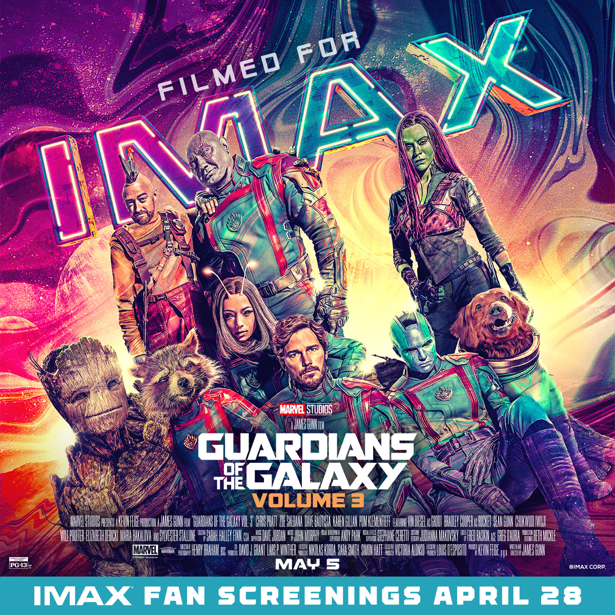 MarvelStudios's tweet image. On April 28, be among the first to see Marvel Studios’ Guardians of the Galaxy Vol. 3 by attending an @IMAX Special Fan Screening! 

Fans attending one of the 25 special screenings will also receive a collectible mini poster. Get tickets now: gofobo.com/seeGOTGv3 #GotGVol3