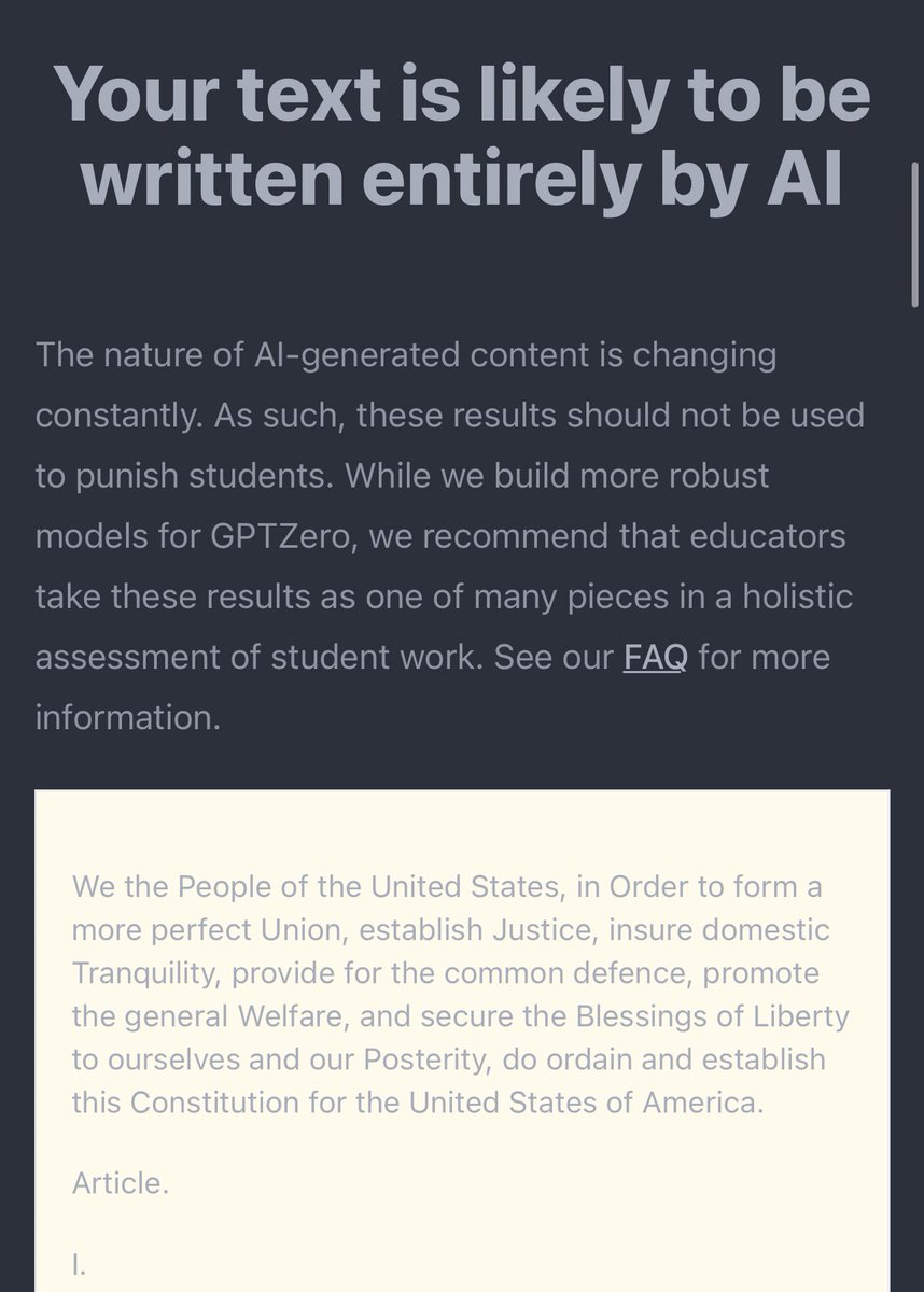 ItsElllis's tweet photo. @hadazealtpriv tell them that AI detectors claim the U.S. constitution was completely written by AI https://t.co/mgnZZYKAiv