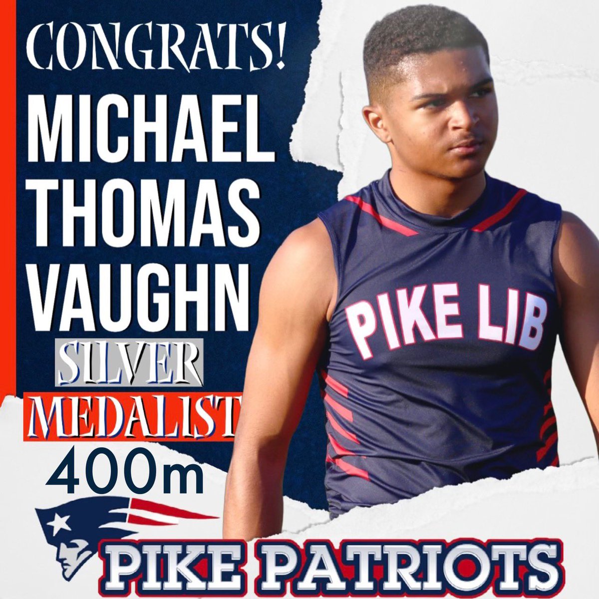PikeLibPatriots's tweet photo. Please join in congratulating Michael Thomas Vaughan on his silver medal in the 400m earlier today. Vaughan finished with a time of 52.46 and moves on to next week’s sectionals.

#GoPike | #PikeTrack | #RunMTV 👟 https://t.co/dRNW2UYW7I