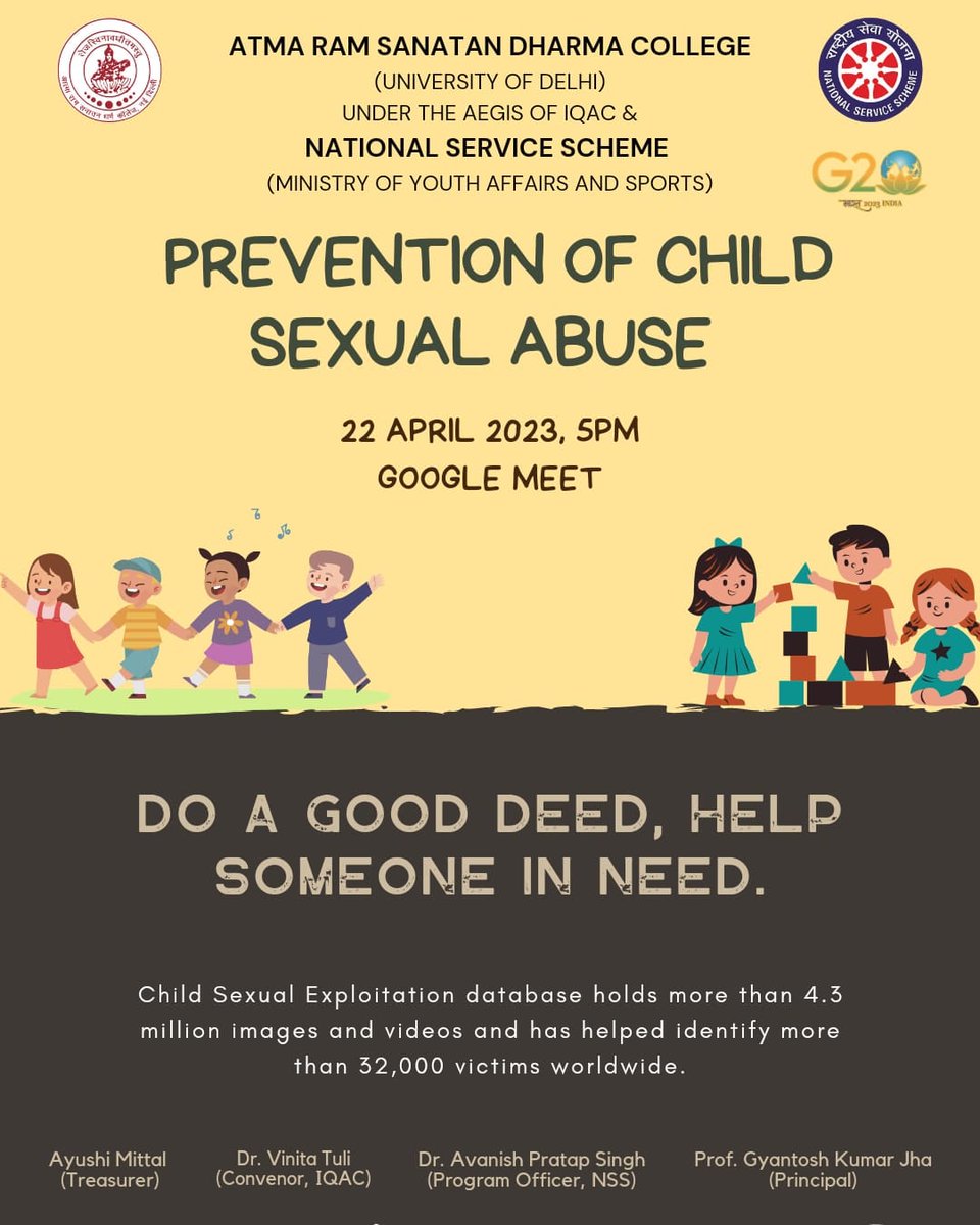 ArsdNss's tweet photo. Childhood is an important phase of a person's life and a experience to cherish forever.They should be free from all kinds of abuses and with the motive to oppose this abuses NSS,ARSD is organising an online screening on "Prevention of Child sexual abuse " https://t.co/Qdwh1d56Or
