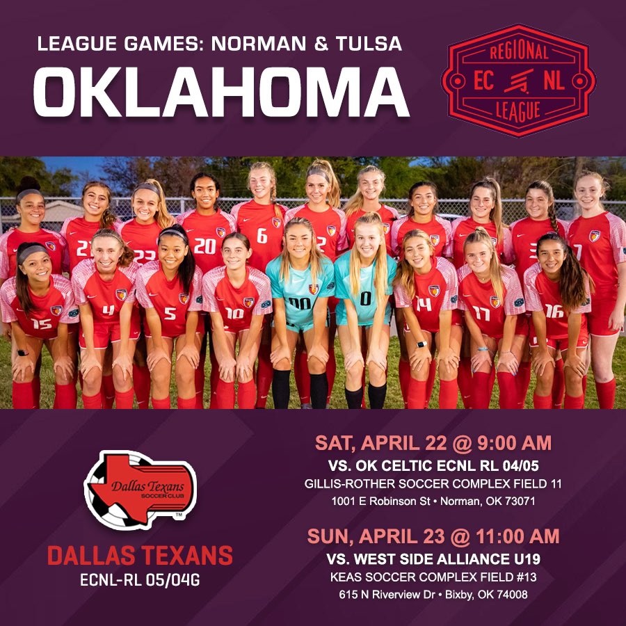 Dallas Texans 04/05 ECRL (@texans_05_ecrl) on Twitter photo League weekend is back! We have 2 huge games in Oklahoma. Come check us out!!! <a href="/ImYouthSoccer/">ECNL/GA/Recruiting/College Soccer</a> <a href="/ImCollegeSoccer/">College Soccer Truth ™</a> <a href="/PrepSoccer/">Prep Soccer ⚽️</a> <a href="/TheSoccerWire/">SoccerWire</a> <a href="/ECNLgirls/">ECNL Girls</a> League weekend is back! We have 2 huge games in Oklahoma. Come check us out!!! <a href="/ImYouthSoccer/">ECNL/GA/Recruiting/College Soccer</a> <a href="/ImCollegeSoccer/">College Soccer Truth ™</a> <a href="/PrepSoccer/">Prep Soccer ⚽️</a> <a href="/TheSoccerWire/">SoccerWire</a> <a href="/ECNLgirls/">ECNL Girls</a>