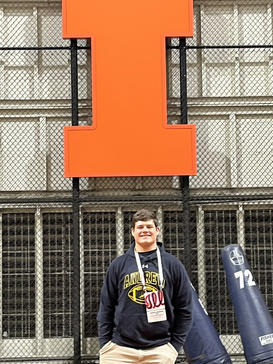 After an amazing visit to <a href="/UofIllinois/">University of Illinois</a>, and meeting with <a href="/BretBielema/">Bret Bielema</a>, <a href="/CoachJamison/">Terrance Jamison</a> <a href="/Coach_BMiller/">Bart Miller</a>, I am blessed to announced I have received my first Power Five Offer from <a href="/IlliniFootball/">Illinois Football</a>! I-L-L! <a href="/VJA_FOOTBALL/">Andrew Football</a> <a href="/EdgyTim/">Timothy “EDGYTIM” OHalloran</a> <a href="/CoachLew_66/">Adam W. Lewandowski</a> <a href="/vjabolts/">Andrew Athletics</a> <a href="/CoachBigPete/">Peter "Coach Big Pete" Leinweber</a>