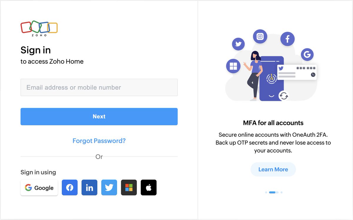 _rakeshmondal's tweet photo. Zoho's beautifully designed sign-in page! It's simple, elegant, and easy to use. @Zoho #saas #ui #design #Zoho #SigninPage #Simplicity #Elegance https://t.co/LS0nu5J9vG