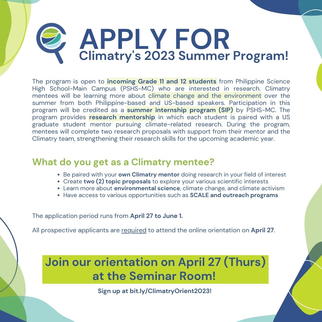 ClimatryPH's tweet photo. guess who's back🙈😙

if you're an incoming grade 11 or 12 student, looking to earn SIP credit, and interested in the environment and STEM research, attend our orientation on Thursday in the seminar room!

SIGN UP HERE👉https://t.co/QhedxWABag
learn more: https://t.co/z64l5k5zif https://t.co/84t89c8ate
