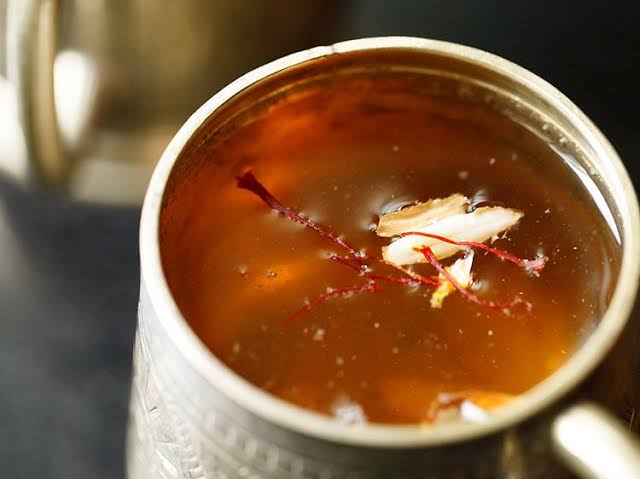 "One of routes along the Silk Road leads to Kashmir where tea is made in three different ways. Kahwa (also qahwah
or kehvi) is the favourite and is often served on special occa-
sions such as weddings and festivals. 'The exact origins of
kahwa are unclear. Many Kashmiris  (1/n)