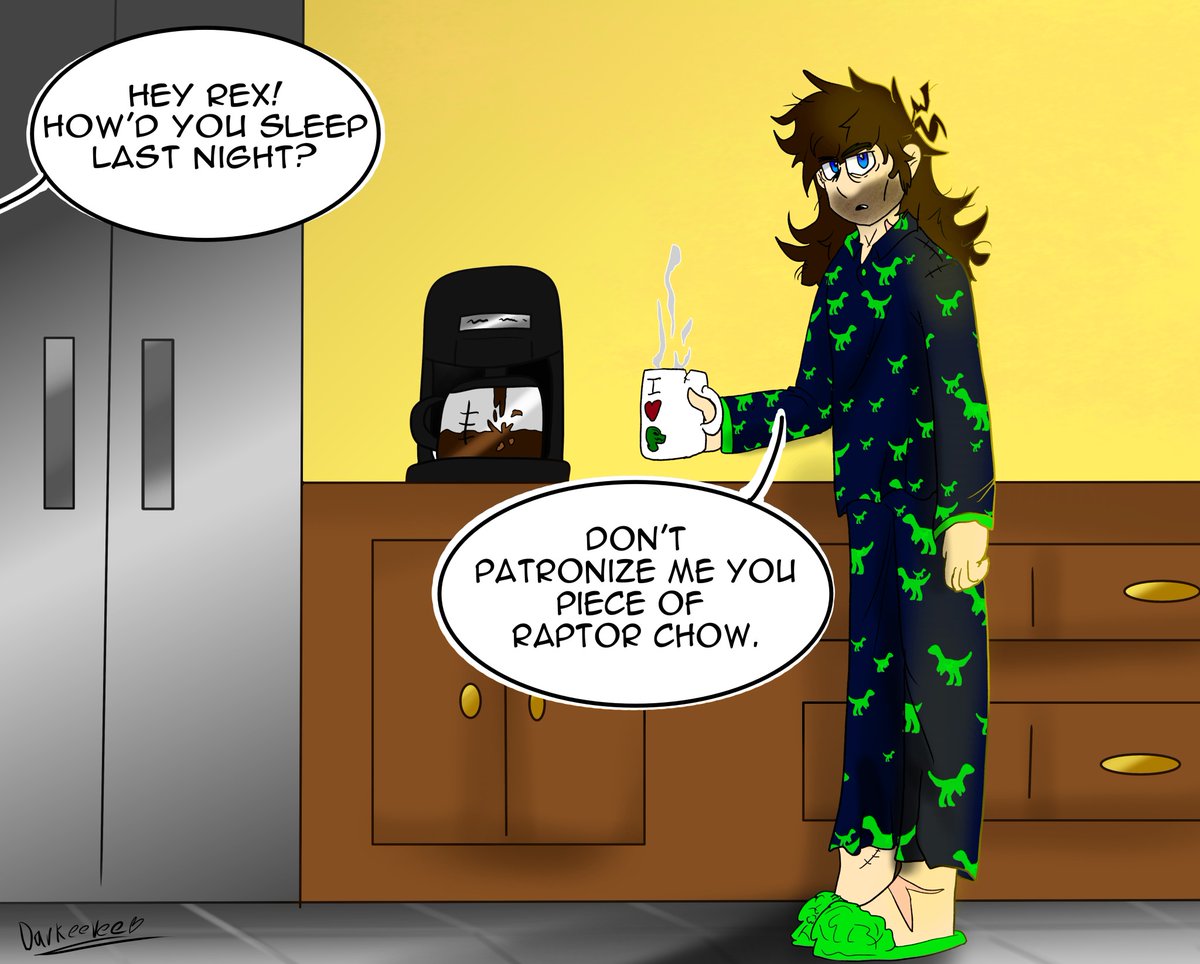 DarkEevee3's tweet photo. Rex Dangervest just woke up. Give him some time to drink his coffee first. #RexDangervest #tlm2 https://t.co/HEe1acukNY