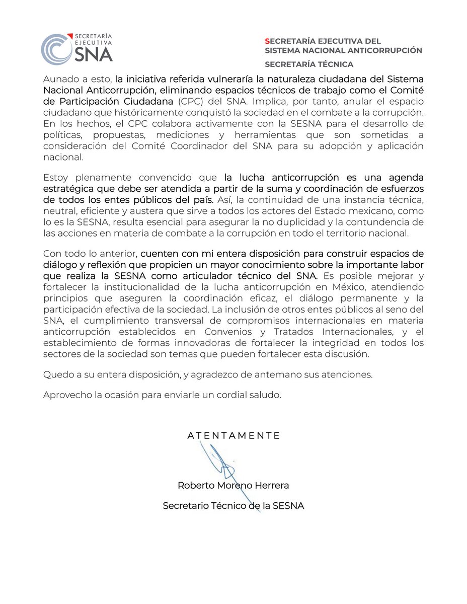 <a href="/morenoroberto77/">Roberto Moreno</a>, Secretario Técnico de #SESNA del #SNA, da a conocer el posicionamiento institucional sobre la iniciativa de simplificación admva enviada a <a href="/Mx_Diputados/">H. Cámara de Diputados</a> y los riesgos de esta en el combate y control de la corrupción del Estado mexicano.
📑bit.ly/3mSrbRX