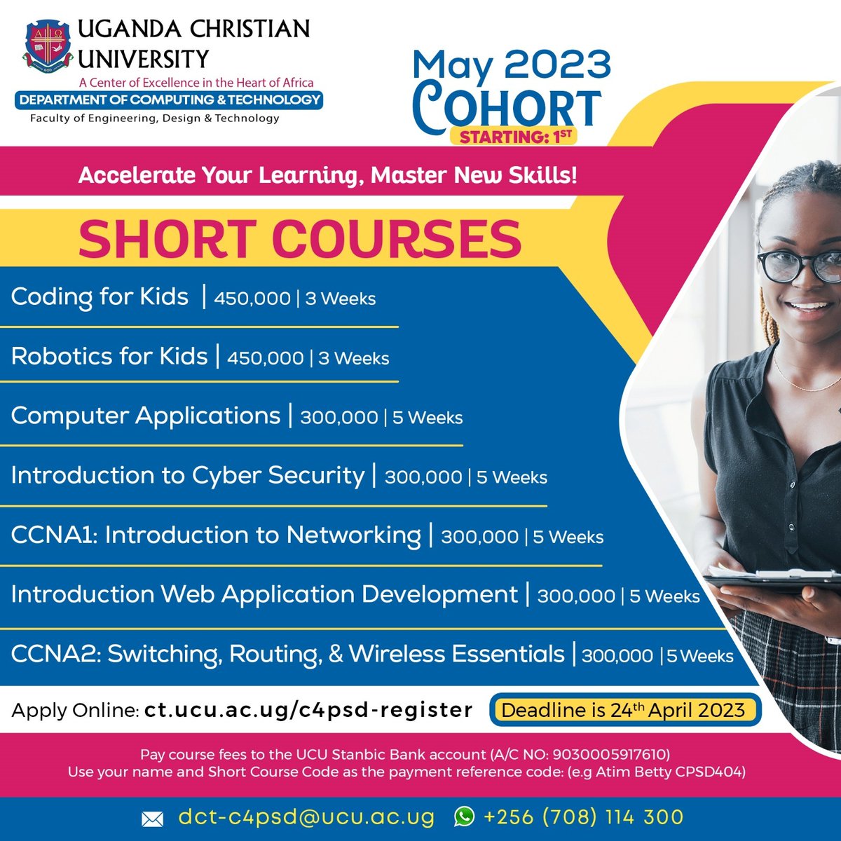Are you out there like Sarah? Don't let missed opportunities hold you back. The deadline for Short courses is 24th April 2023. 
The best time to invest in yourself is now ✨️ 
Apply for our short courses now at ct.ucu.ac.ug/c4psd-register

#Career #Apply2UCU #ShortCourses