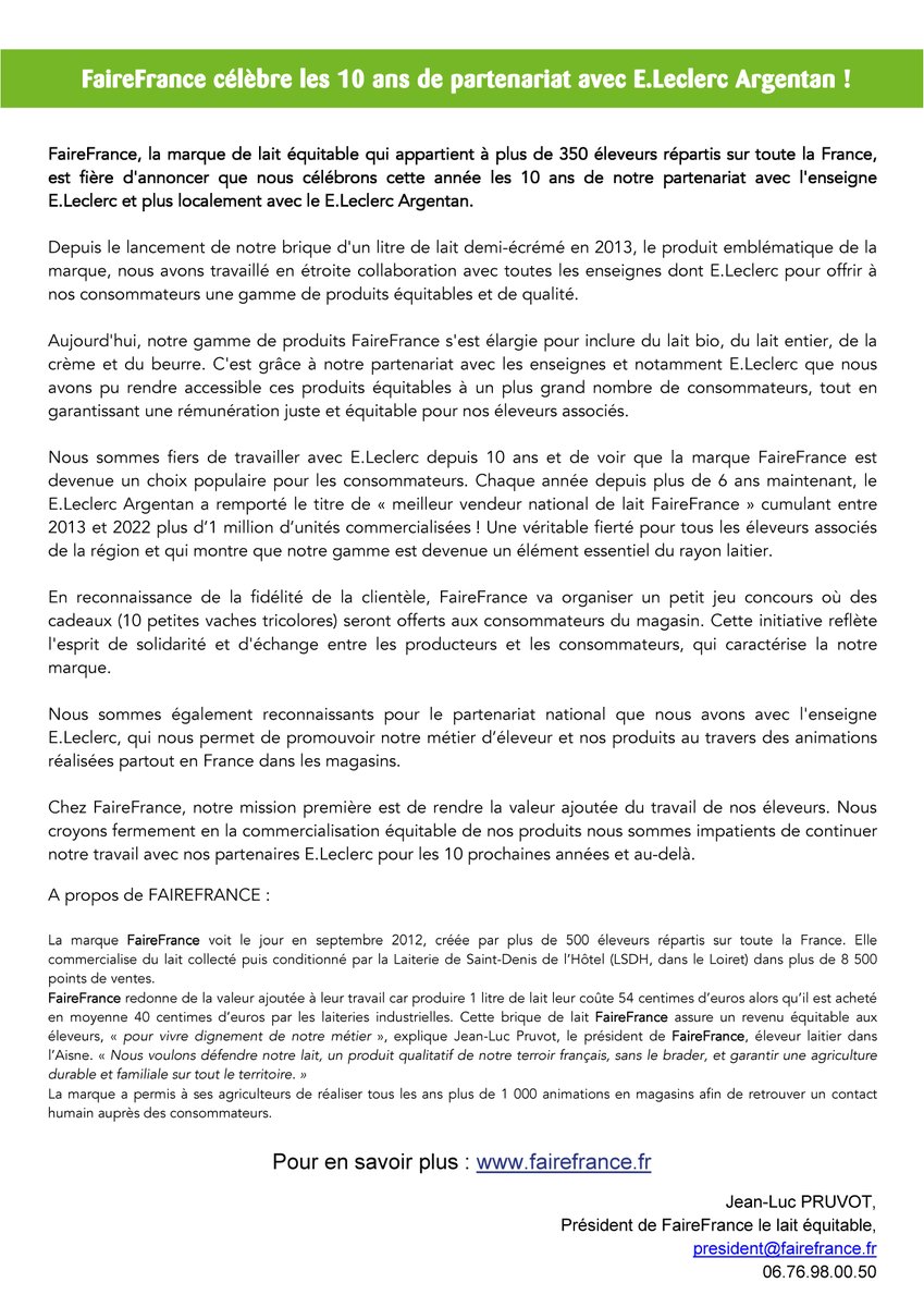 Rendez-vous ce jour au <a href="/Leclerc/">E.Leclerc</a> #Argentan avec nos éleveurs <a href="/Fairefrance/">FaireFrance</a> ! Pour plus d'informations 👉 communiqué de presse 😁😁👇🥛