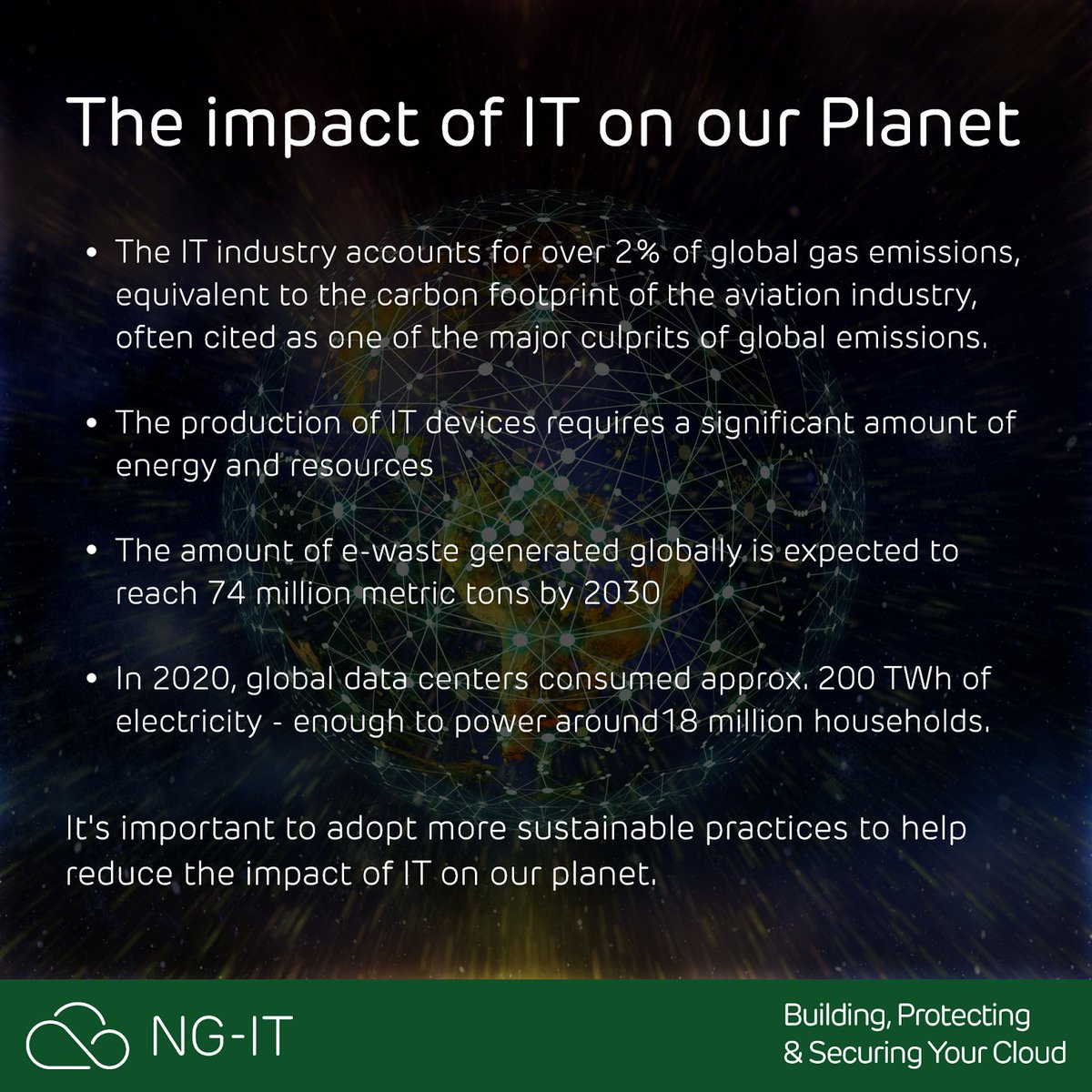 NG_IT_'s tweet photo. Happy Earth Day! Today, let’s reflect on how IT impacts our environment. 
NG-IT can help you build a plan to deliver a strong, secure, sustainable hybrid cloud. Contact us to learn more
#EarthDay #sustainability #ITcarbonfootprint #sustainablebusiness #ewaste #environmentalimpact https://t.co/nampOXeQaK