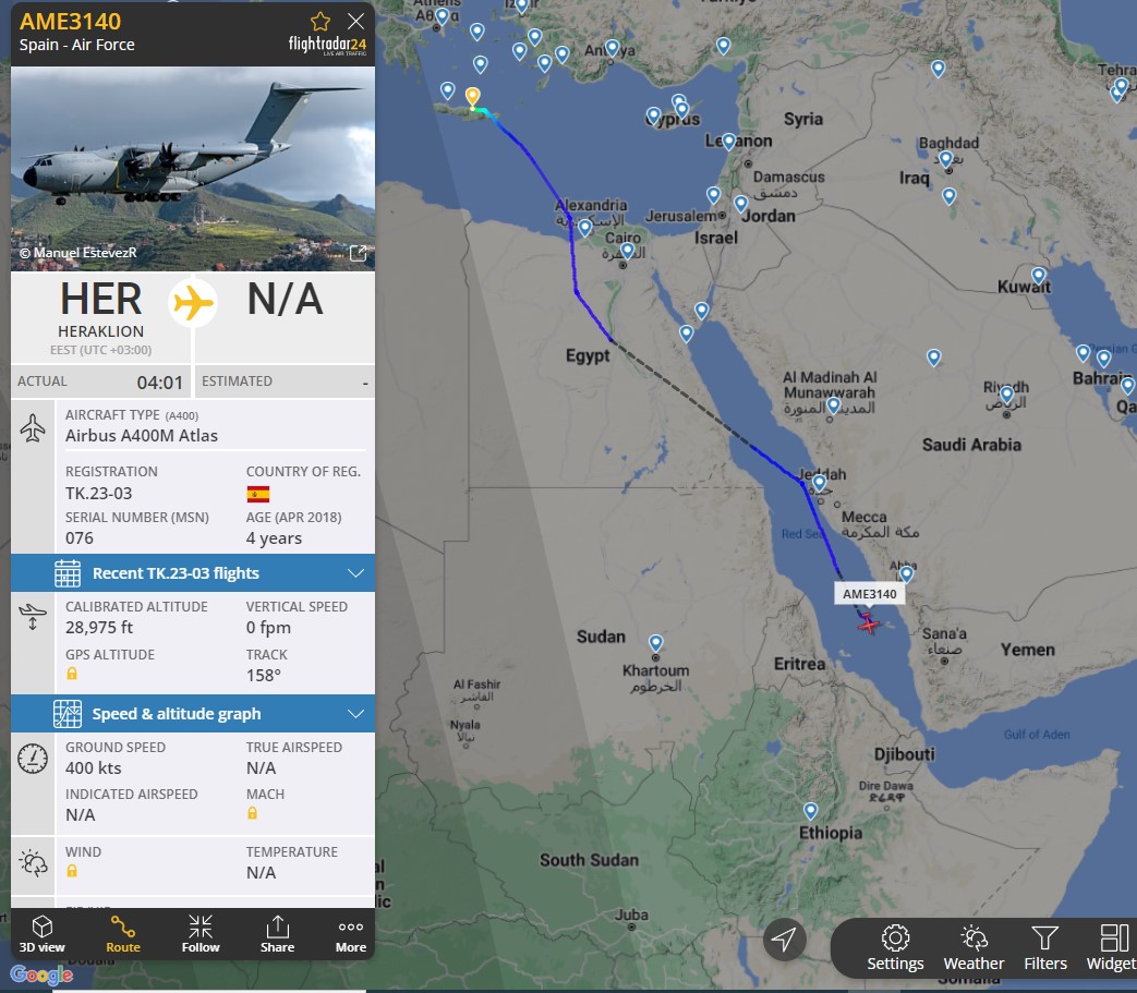 Laurent_Le_Bloa's tweet photo. This night
Two #Germany #GAF129 #GAF572 AF A400M fm #Sigonella to #Hannover
Two #Spain A400M #AME3140 #AME3142 fm #Heraklion to #Djibouti
One #France A400M #CTM2080 fm #Avord to Djibouti https://t.co/AK7NZKAbD4