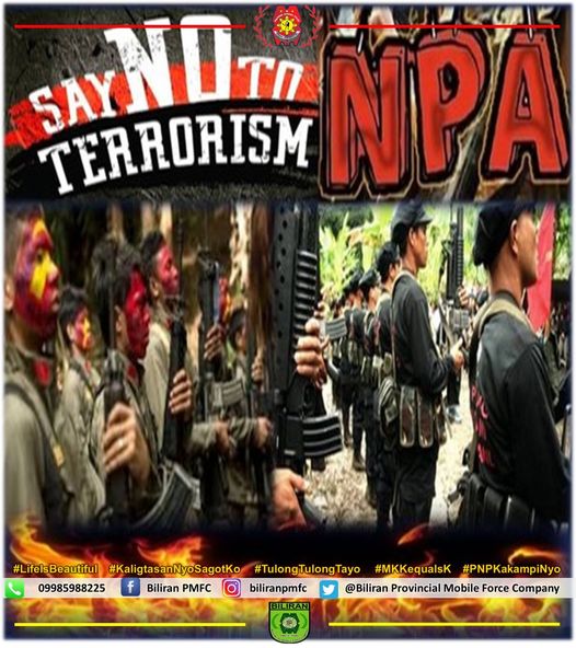 BiliranForce's tweet photo. SAY NO TO TERRORISM
NO TO CPP-NPA-NDF
#LifeIsBeuatiful
#KaligtasanNyoSagotKo
#TulongTulongTayo
#MKKequalsK
#PNPKakampiNyo https://t.co/1gQZCYcoh1