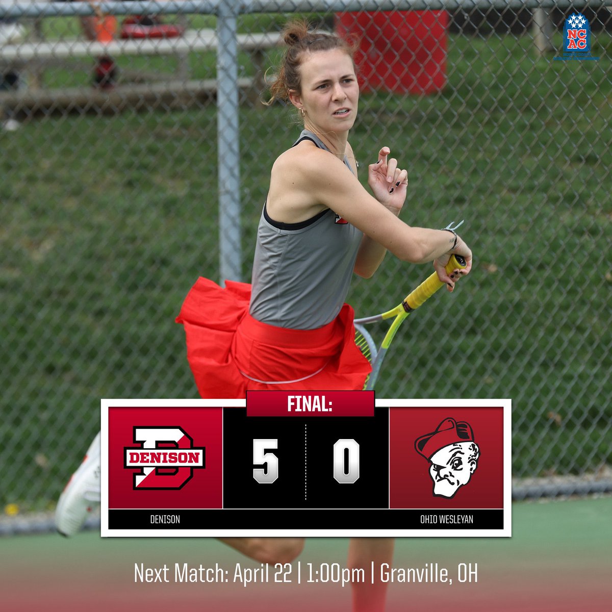 DenisonWTennis's tweet photo. The Big Red defeat Ohio Wesleyan 5-0 to advance into the NCAC Semifinals. https://t.co/3lN2G0euXM