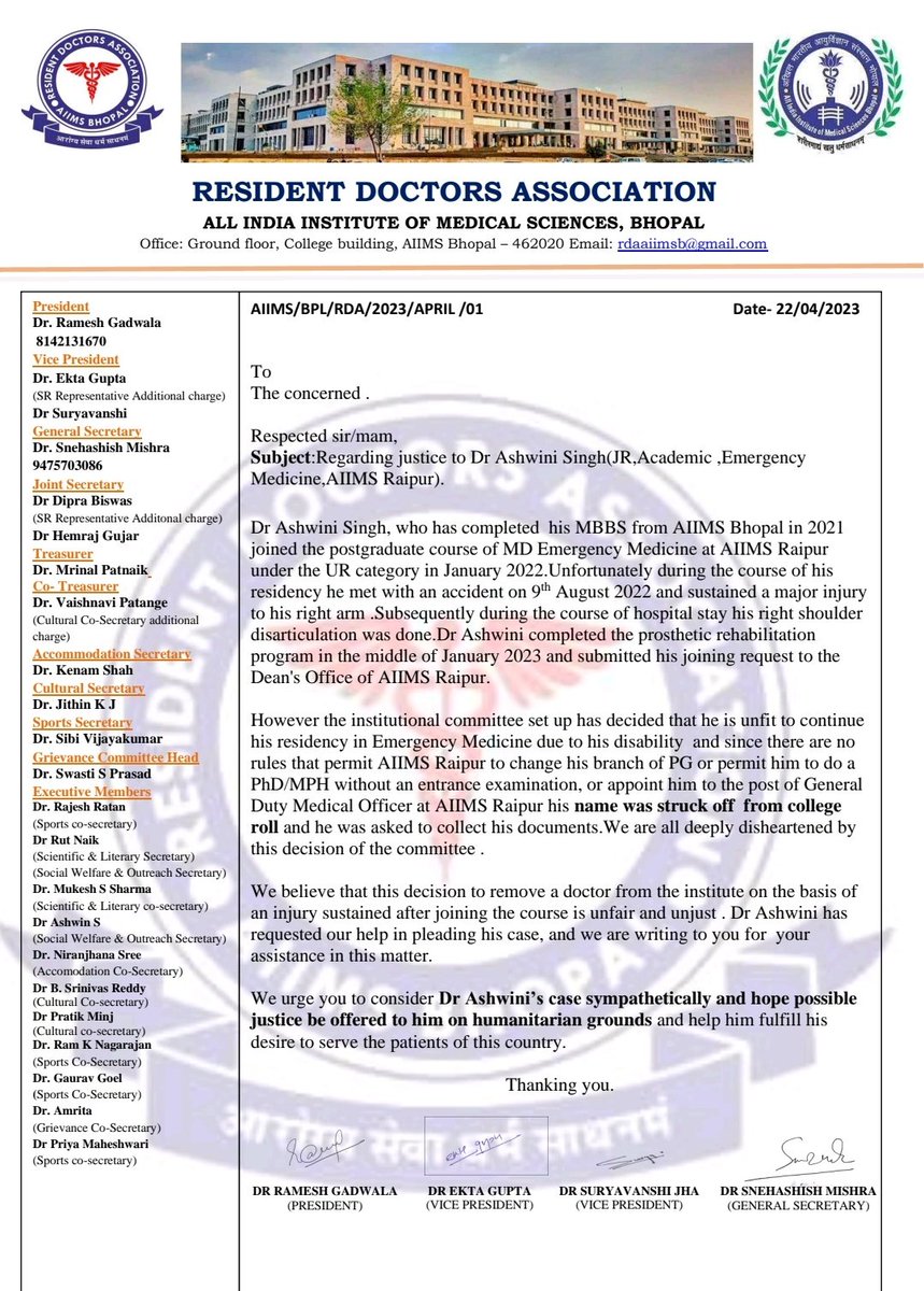 #Injustice
This is totally an Injustice to a Doctor whose name was stuck off from college because he met an accident &amp; declared unfit by <a href="/AIIMSRaipur/">AIIMS Raipur</a> admin.
Dr Ashwani  worked hard to get MBBS seat in <a href="/AIIMSBhopal/">AIIMS-Bhopal Official</a> &amp; later MD Seat in <a href="/AIIMSRaipur/">AIIMS Raipur</a> is suffering without his mistake