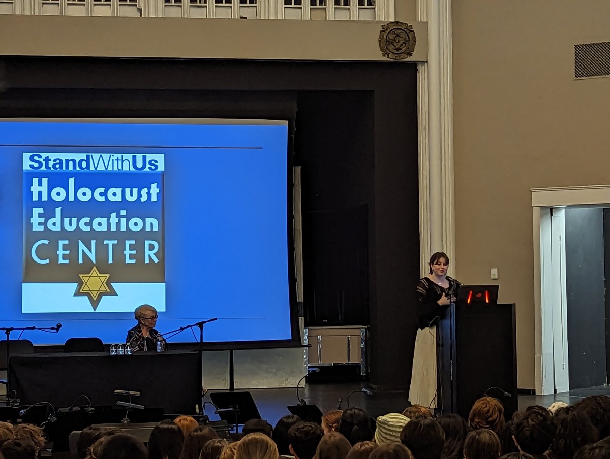 weareocsa's tweet photo. To commemorate the Jewish holiday Yom HaShoah, Holocaust Remembrance
Day, the Jewish Student Union hosted a presentation with Holocaust survivor Eva Schneider. Students filled Symphony Hall to hear this important conversation. https://t.co/55aMzFBe7i