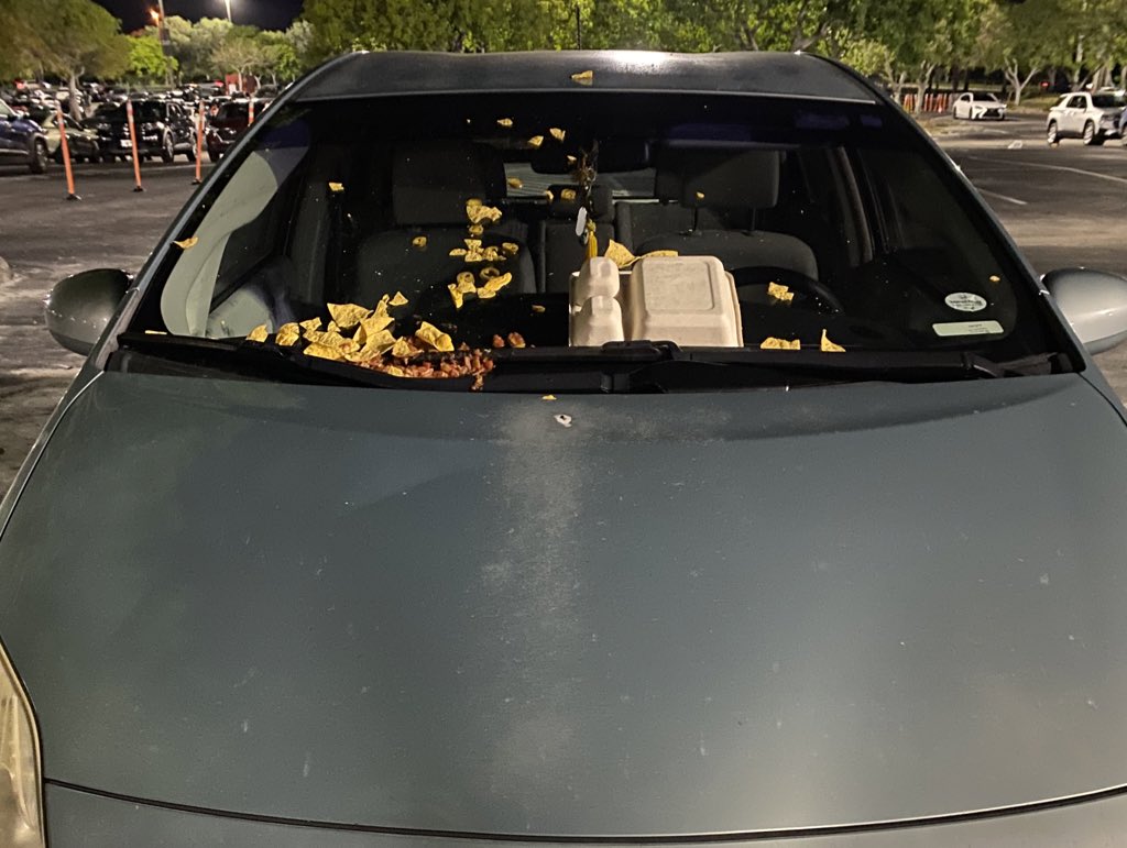 Maya62846790's tweet photo. I was told once I can’t take home leftover pasta. However someone can walked out with a whole tray of nachos (jalapeños included) and throw them to my car’s windshield. Unacceptable @FlaPanthers @FlaPanthersPR  #vandalism #whereissecurity 😡 https://t.co/l3JLL1vY11