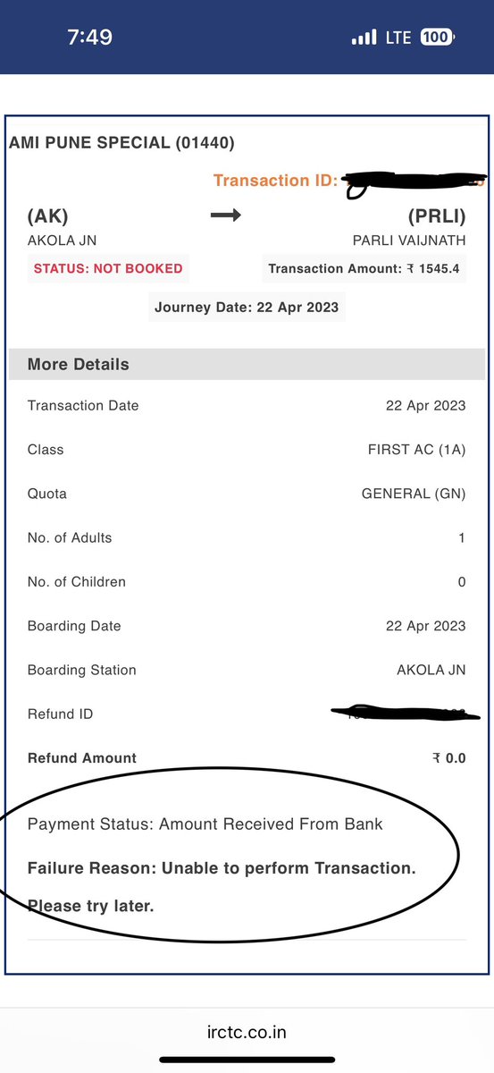 ikushalg's tweet photo. @IRCTCofficial I have booked a ticket, amount was deducted from my bank but the ticket was not issued. Kindly help me with refund process. Attaching screenshot https://t.co/s7IMExPZdZ