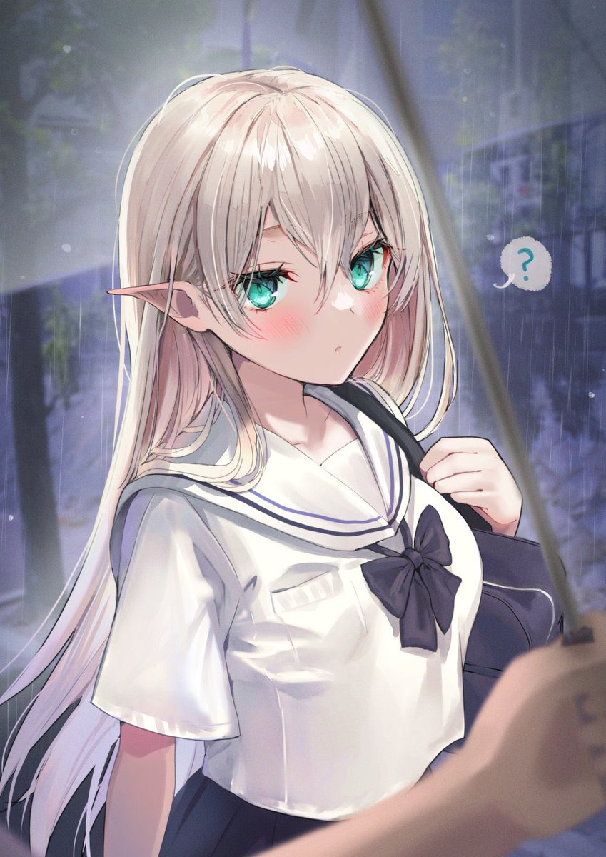 1girl pointy ears long hair school uniform ? rain blush  illustration images