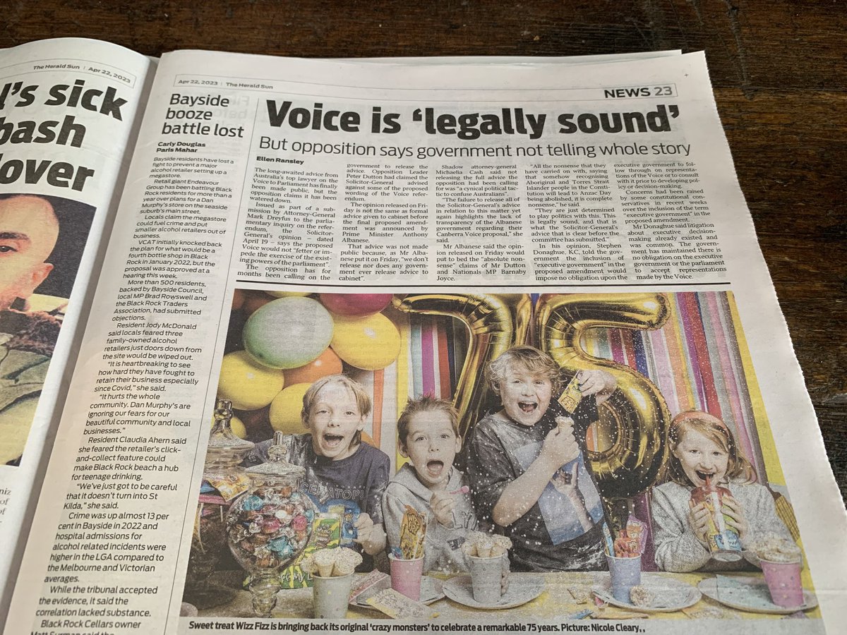 OldSchoolTieSir's tweet photo. @PRGuy17 Having triumphantly put No champions Mundine &amp; Jacinta Price on two seperate covers this week the ever gutless &amp; dishonest Herald Sun hides the Solicitor-General’s advice on page 29, with typical LNP disclaimer &amp; half the billing of a story on the return of Wizz Fizz. Disgraceful https://t.co/2wrwIkABcH
