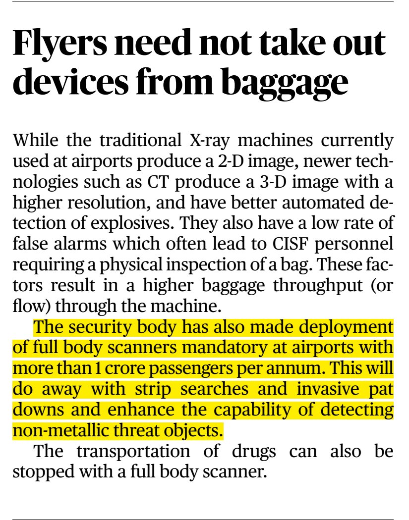 By December 31, 2023, airline flyers from India would not be required to remove electronic devices like laptops, phones, chargers etc from their baggage, as all high-traffic airports have been instructed to upgrade their x-ray machines.

This is excellent news! 👍🏼 #PaxEx #AvGeek