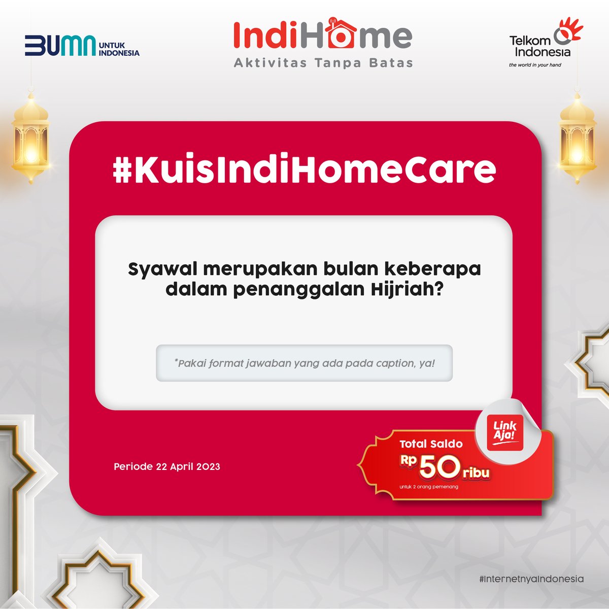 IndiHomeCare's tweet photo. Dalam rangka merayakan Hari Raya Idulfitri, ada hadiah salam tempel nih buat Kamu!🤩
 
Tulis jawabanmu sebanyak-banyaknya dan dapetin hadiah saldo LinkAja sebesar Rp50.000 masing-masing untuk 2 pemenang.

Follow @IndiHomeCare dan pakai tagar #KuisIndiHomeCare saat menjawab, ya! https://t.co/w9qmyTHQ6Y