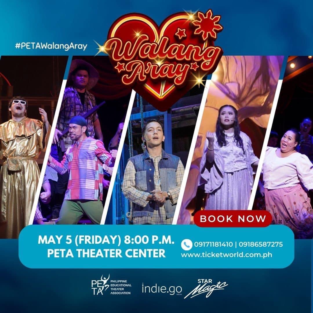 cjtagal's tweet photo. Catch PETA's "Walang Aray" May 5, 8PM! 🎭 Filipino history, culture, social issues + humor &amp; music! 🎶 New LSS alert! DM me or text 09171181410 / 09186587275 for deals &amp; discounts. Let's enjoy theater together! 🌟 #PETAWalangAray #musicaltheater https://t.co/fhb9qFsSTy