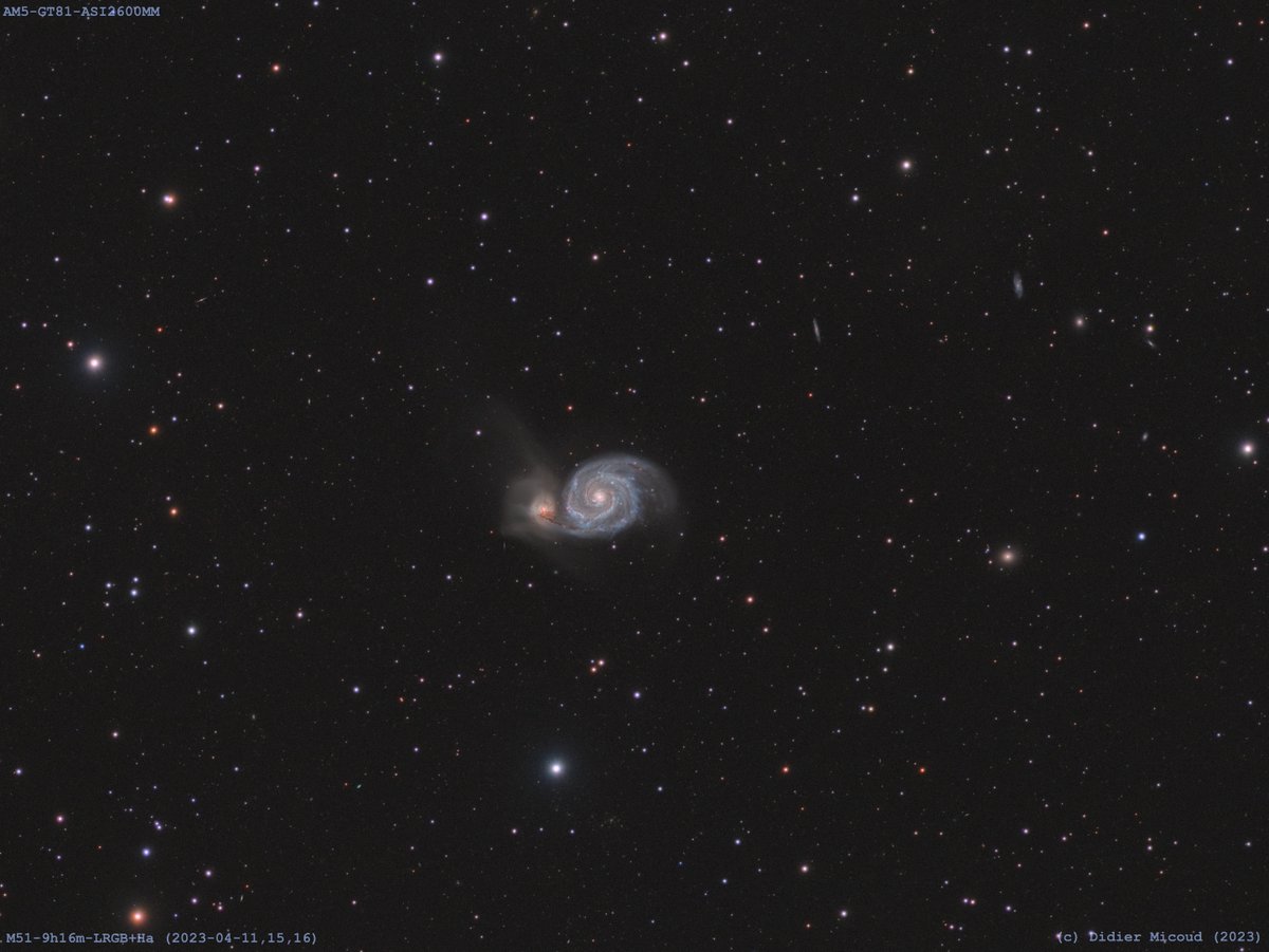 dmicoud's tweet photo. Back to imaging after 3 months of crap weather conditions and equipment failures. Starting easy - M51, the Whirlpool Galaxy in LRGB+Ha https://t.co/3H2kHWItjv