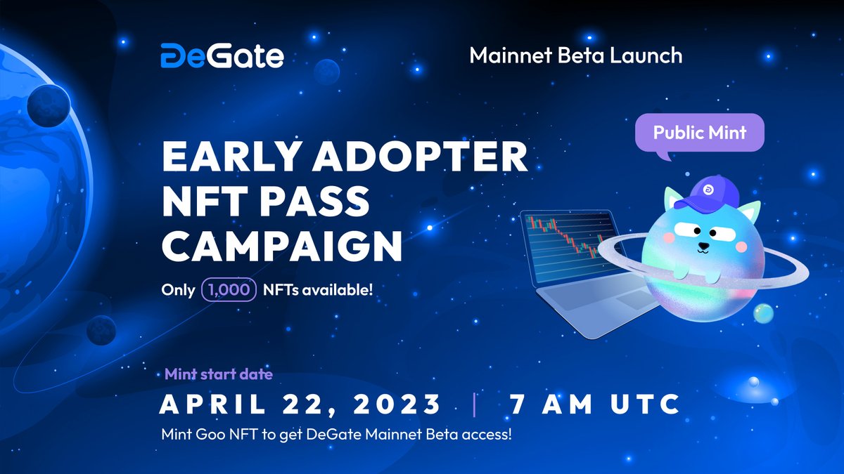 DeGateWallet's tweet photo. PUBLIC MINT of @DeGateDex Early Adopter NFT Pass campaign starts in just over 2 hrs!
PUBLIC MINT start:
โฐ22 Apr 7am UTC
https://t.co/ncTlyjlGfI
Prepare your wallets๐
๐ Mint #NFT and get priority access to @DeGateDex Mainnet Beta
#DeGateDex #ZK-Rollup Order Book #DEX https://t.co/4yZbSKK9kb