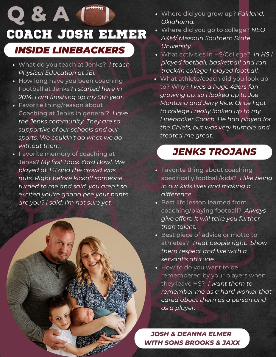⭐️Coach Josh Elmer Spotlight⭐️ Please join us as we honor our Jenks Trojan Football Coaches &amp; their Families throughout the year! 🏈👏📣