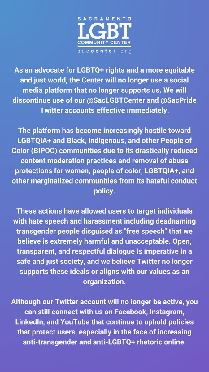 As an advocate for LGBTQ+ rights and a more equitable and just world, the Center will no longer be using Twitter. We are not supporting a social media platform that no longer supports us. You can still follow us on our other platforms on Facebook, Instagram, &amp; Tik Tok.