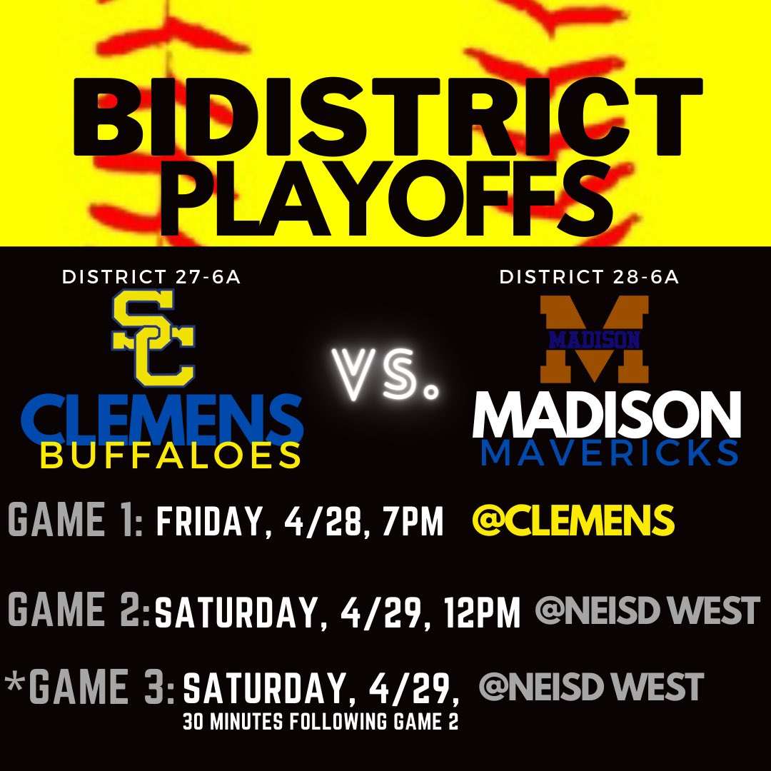 First round coming to a field near you! Fill the stands and GET LOUD!
🦬🥎💥🤩
<a href="/scbuffalostrong/">Clemens Athletics</a> @SamuelClemensHS