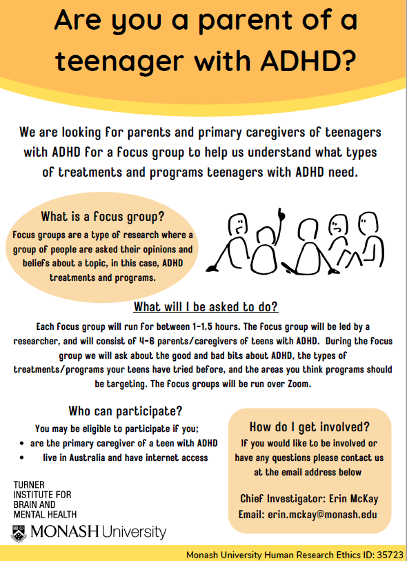 CDDTlab's tweet photo. Are you a parent/guardian of a teenager with ADHD? Have your say about what treatments and programs teens with ADHD should look like, and what teens with ADHD need 💡 Email erin.mckay@monash.edu to participate

#adhd #adhdinteen #parents #adhdresearch #focusgroups https://t.co/qtyfqs0MvN