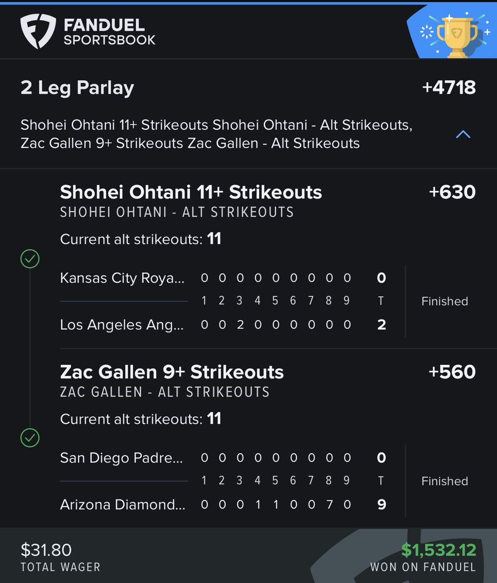 DevinsBookie's tweet photo. Shohei/Gallen +1594 &amp; +4718✅

⚾️👉 $94 —> $2,500 💰💰💰

Another MLB Lotto… this month has been epic. Glad so many of you have hopped on board to cash📈🙏

UFC tomorrow👀, never a bad time to join: https://t.co/fIKGkpi7uT 📚

#GamblingTwitter #BettingTips https://t.co/6VYkcMkegJ