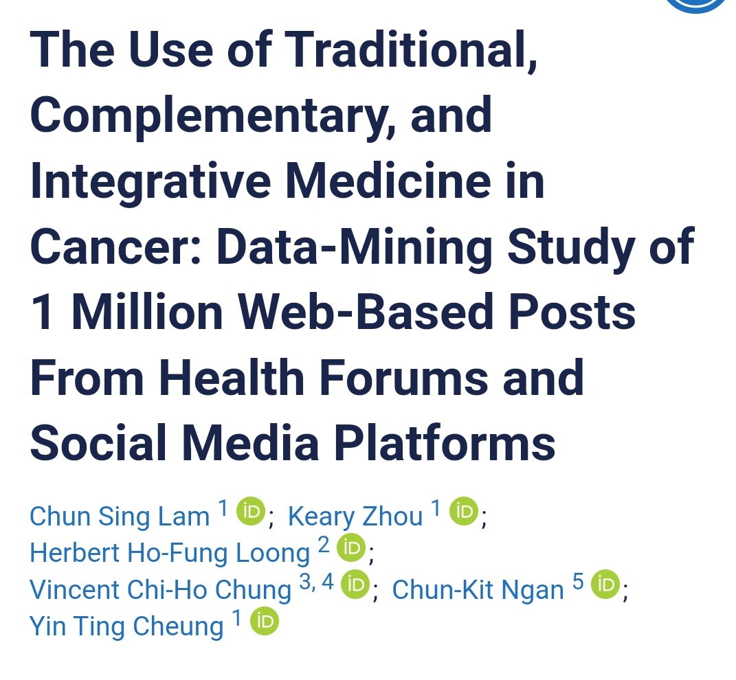 The #socialmedia 👨‍💻👩‍💻 is a valuable source of #patient generated data. Using #ML data-mining technique, we analyzed 1️⃣ million online posts on patients’ perceptions of integrative medicine 💊💆‍♂️🌿 in #cancer. 
<a href="/CUHKMedicine/">CUHK Medicine</a>
<a href="/jmirpub/">JMIR Publications</a> 
<a href="/Integrativeonc/">Society for Integrative Oncology</a>

➡️jmir.org/2023/1/e45408/