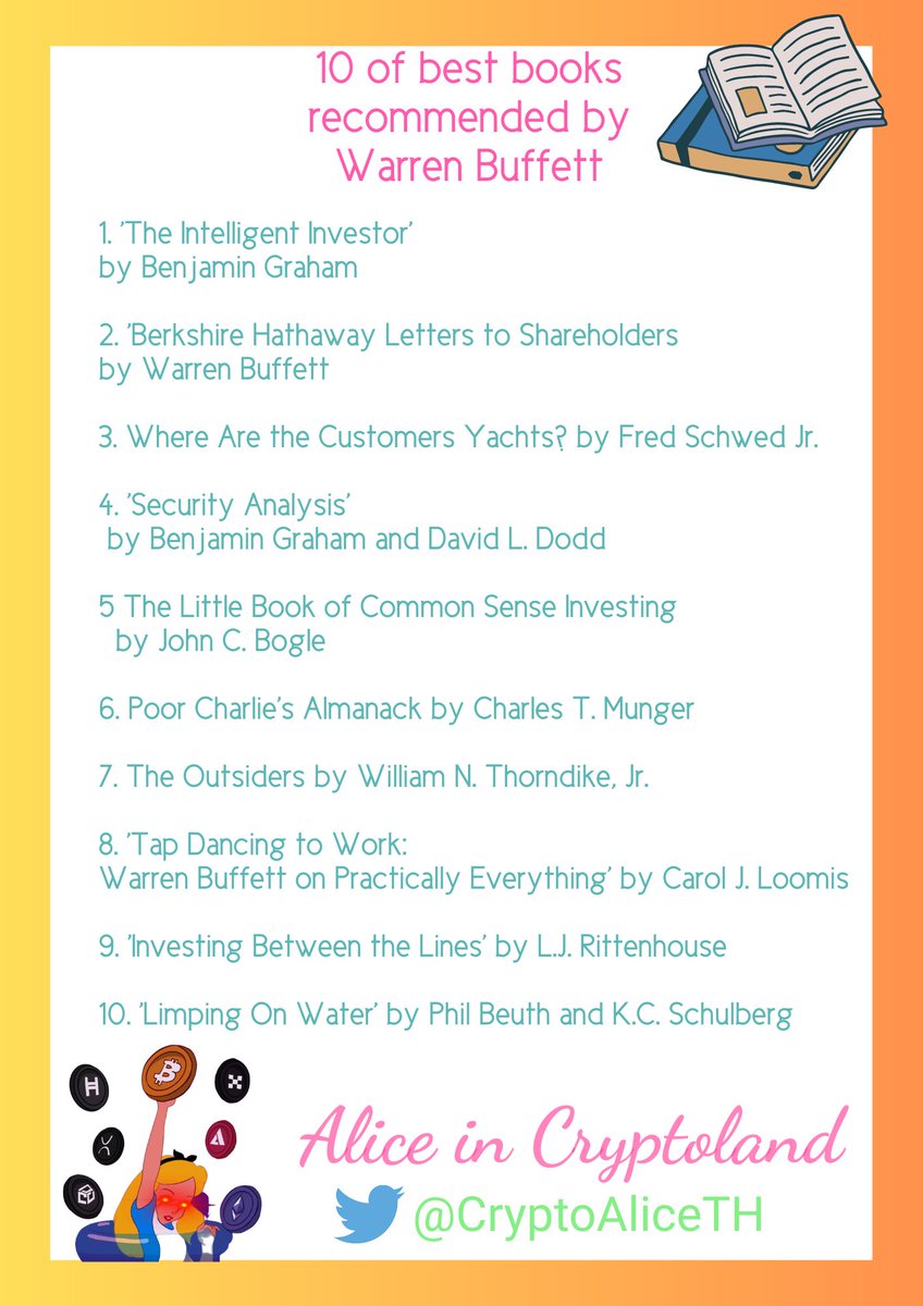 CryptoAliceTH's tweet photo. บ่อยครั้งที่มีคนถามปู่ Warren Buffett ว่าอัพเดทความข่าวความเคลื่อนไห���ในโลกอย่างไร ทำยังไงถึงไม่ตกเทรนด์  

ปู่ตอบว่า "I read and read and read"

นี่คือหนังสือ 10 เล่มล่าสุดที่ปู่แนะนำให้อ่าน มีหลายเล่มแปลเป็นภาษาไทยค่ะ

#อลิซบอกต่อ
#WarrenBuffett https://t.co/aX7zqPxbsG