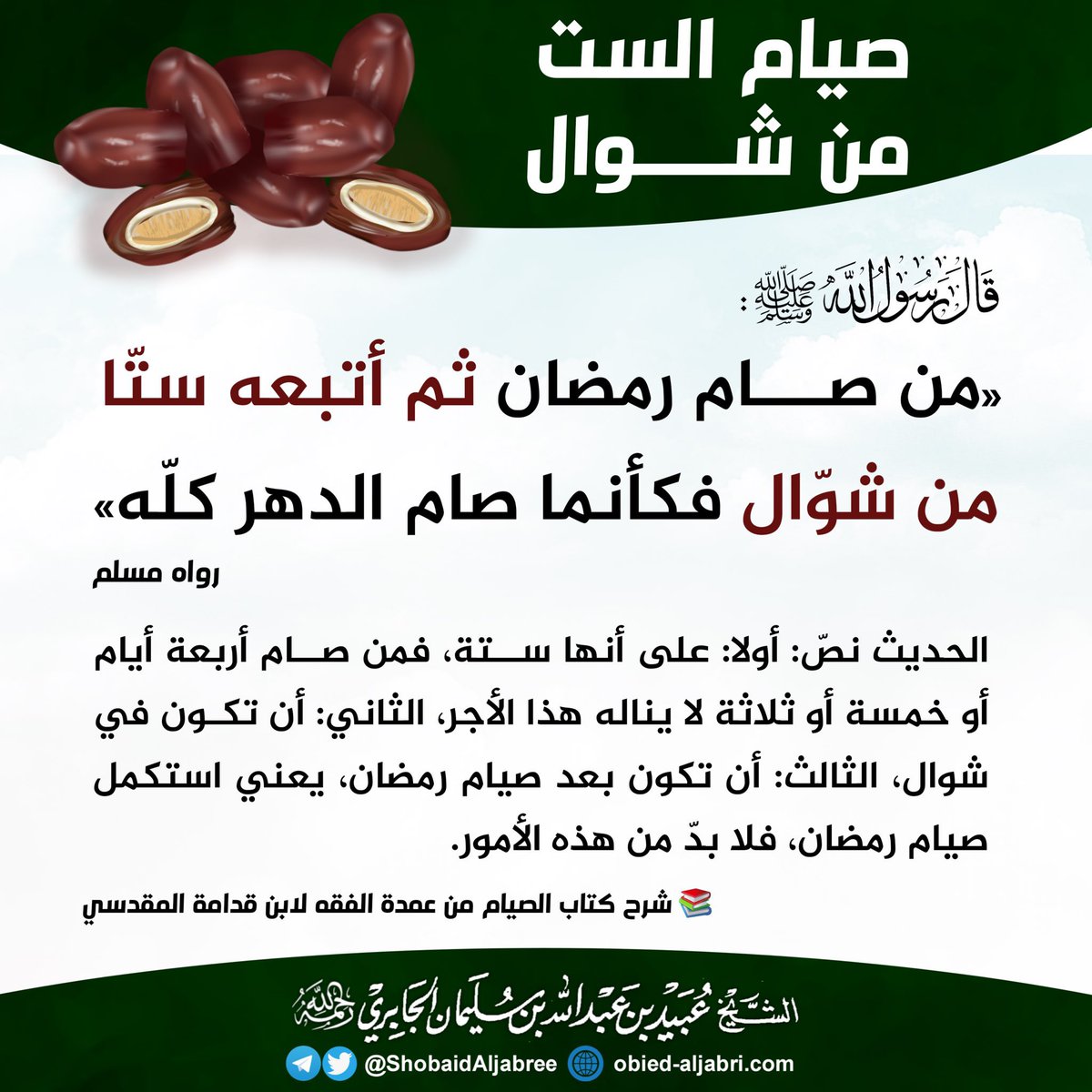 “Whoever fasts Ramadān and follows it up with six days from Shawāl, it is as if he fasted the entire year” (Muslim). 

Shaykh ‘Ubayd al-Jābirī  — d. 1444 (رحمه الله):

The Hadith indicates…

1- Six days, so whoever fasts 4, 5 or 3 days will not attain the reward. 

2- Must be in