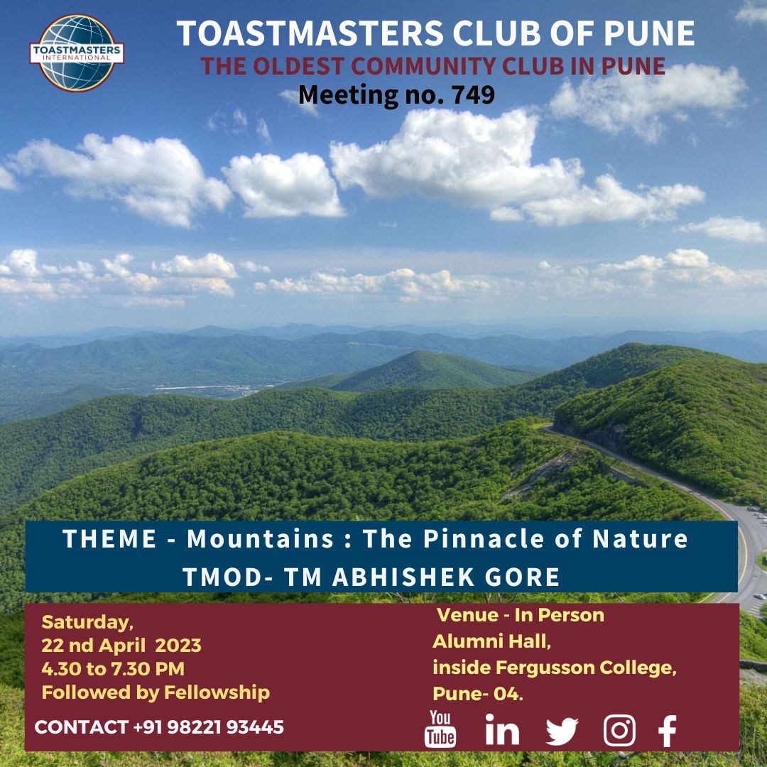 Toastmasterpune's tweet photo. 🤵‍♂ TMOD : TM Abhishek Gore
✨ Theme : Mountains : The Pinnacle of Nature 
📍 Venue Location : 
Alumni Hall,
Inside Fergusson College,
Pune-04
 📍 Venue Link 
https://t.co/2LoMlc4F8T
👔 Dress code : Formal 
📱 Contact :
+91 9822193445
 
#TMCP #toastmastersindia #toastmasters https://t.co/XmjHgR0nQw