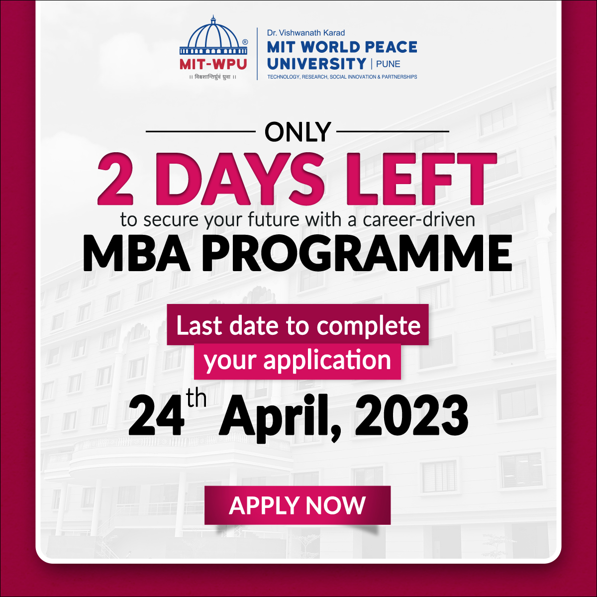vidyavision_com's tweet photo. Only 2 Days Left to Secure your future with a career-driven MBA Programme. Last date to complete your application 24th April 2023.
Apply Now: https://t.co/1At7pFDERA
#MITWPU #MITWorldPeaceUniversity #MIT #MITMBA #MITPune #Vidyavision #MBA https://t.co/wDZ464Kzba