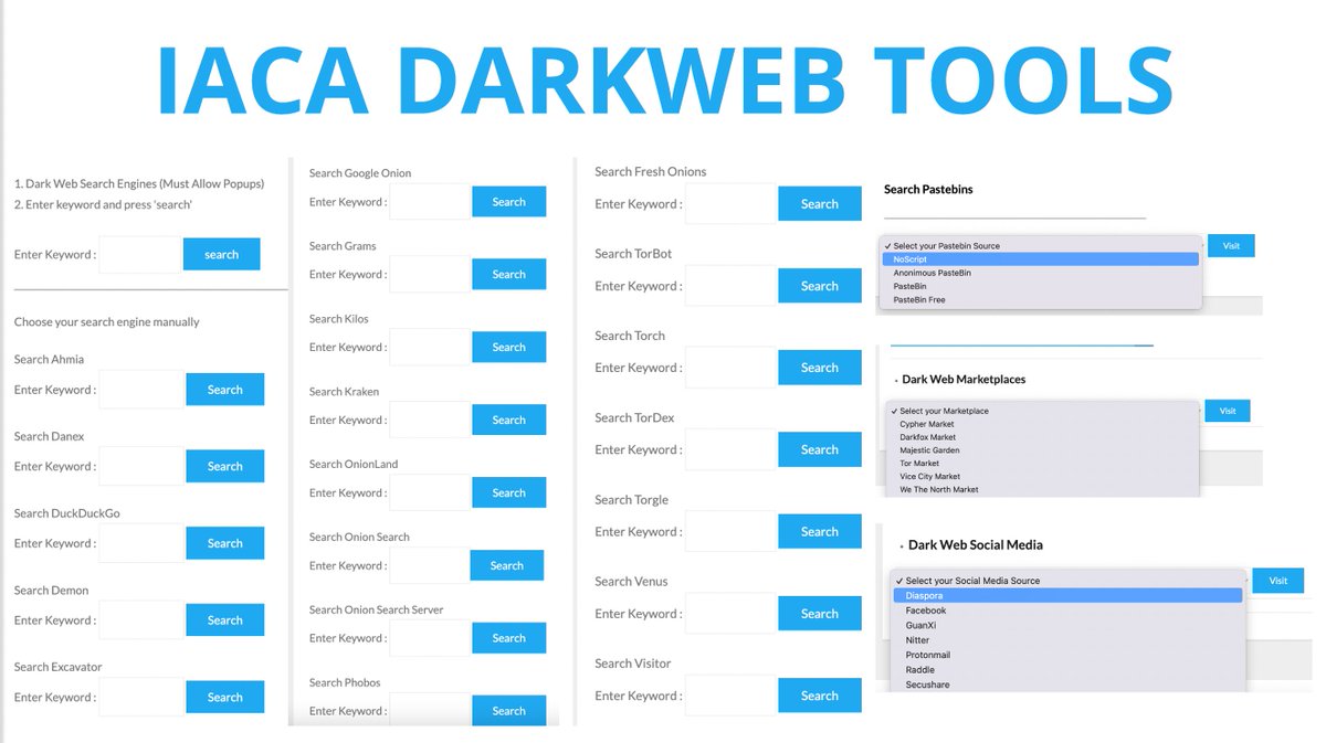 IACA DarkWeb Tools Universal search engines Search Pastebins Search DarkWeb Marketplaces Search DarkWeb Social Media iaca-darkweb-tools.com Thanks for tip @0xtechrock * Use in Tor browser * some services may not work