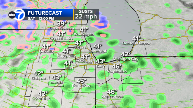 JaisolWX's tweet photo. SATURDAY: Light showers, chilly and breezy

Highs only make it into the mid 40s today and there will be on and off, light rain/snow showers. @ABC7Chicago https://t.co/c9v3I0mU0s