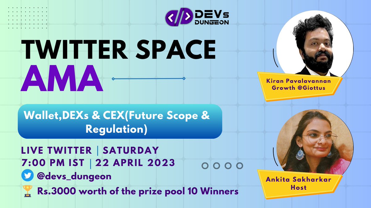 devs_dungeon's tweet photo. 📣 #GiveawayAlert

🎁 ₹ 3000 worth of the prize pool

🏆 10 Winners 

🚀 HOW TO WIN?
✅ Like &amp; Retweet
✅ Attend AMA (7 PM Today)
✅ Tag 3 friends in the comments below
✅ Follow @giottus @devs_dungeon @megaversecorp

🔔 Set reminder: 
https://t.co/YQNbTVv20f https://t.co/ubF83b2XjY