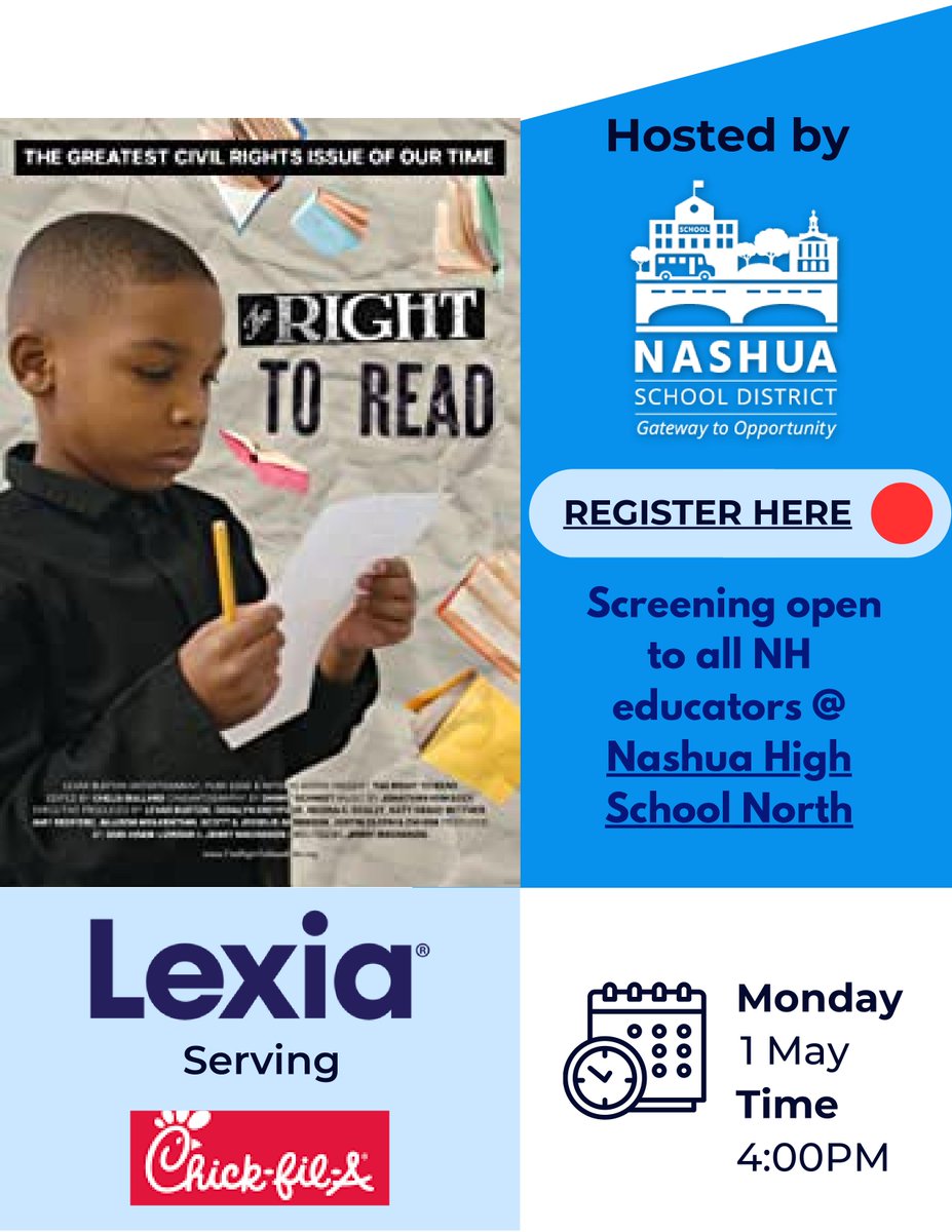 Join us for the Right to Read Screening on Monday, May 1 at 4 PM! Open to all NH Educators! <a href="/LexiaLearning/">Lexia</a> <a href="/NASHUASCHOOLS/">NashuaSchools</a> <a href="/mariojandrade/">Mario J. Andrade</a> <a href="/MatthewPoska/">Matthew Poska</a> <a href="/ErinPut31271937/">Erin Putnam</a>