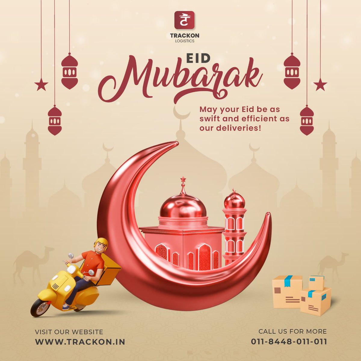 On the occasion of Eid, #Trackon delivers love, laughter, and happiness! May your day be filled with joy and lots of delicious food!  🌙🧁🍲 From our Trackon family to yours, Eid Mubarak! 🎉🚚 #EidMubarak #LogisticsLife #CelebrateTogether #fastdelivery #logistics